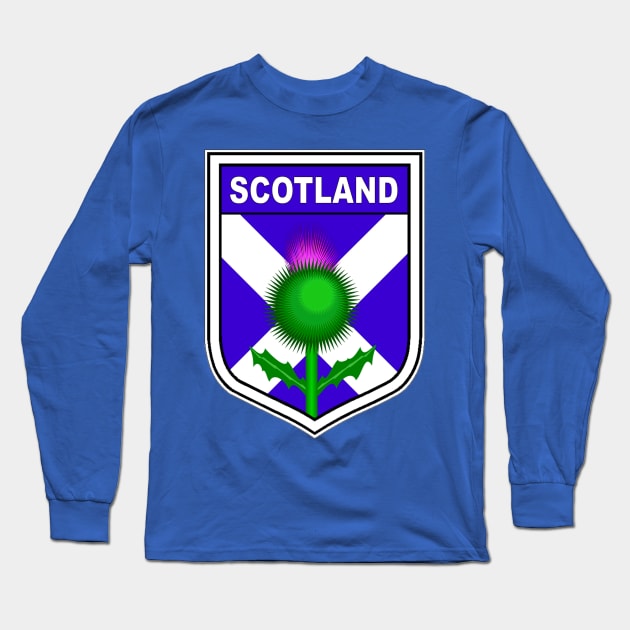 Scotland pride with flag and thistle in shield Long Sleeve T-Shirt by pickledpossums